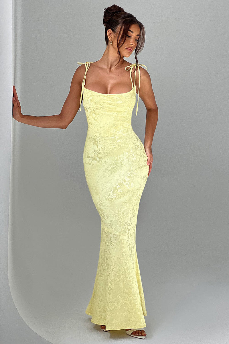 Lace Up Spaghetti Strap Slim Fit Jacquard Maxi Dresses-Yellow