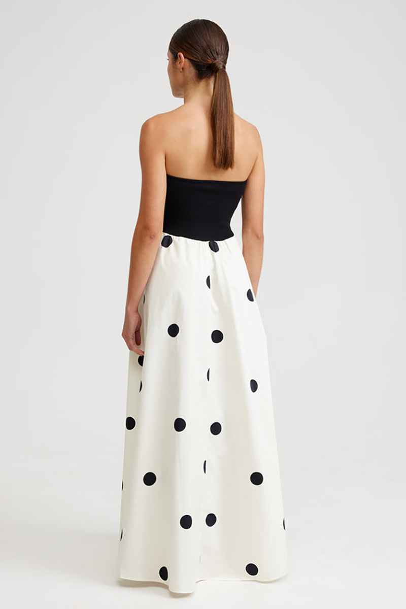 Strapless Colorblock Polka Dot Print A-Line Maxi Dresses-Black