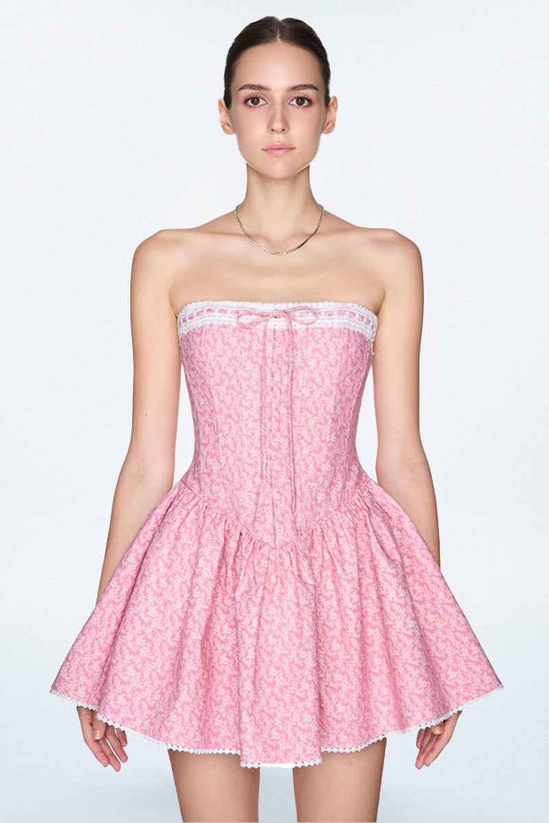 Guipure Lace Tied Up Floral Print Mini Tube Dresses-Pink