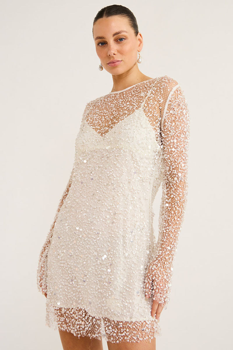 Sequins Pearls Round Neck Long Sleeve Slim Fit Double Layered Mini Dresses - White