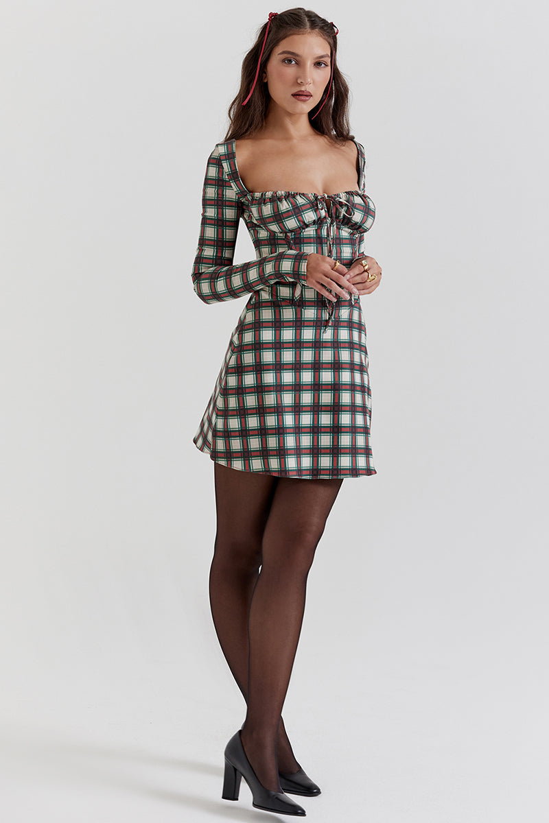 Long Sleeve Square Neck Lace Up Plaid Print Mini Dresses-Red