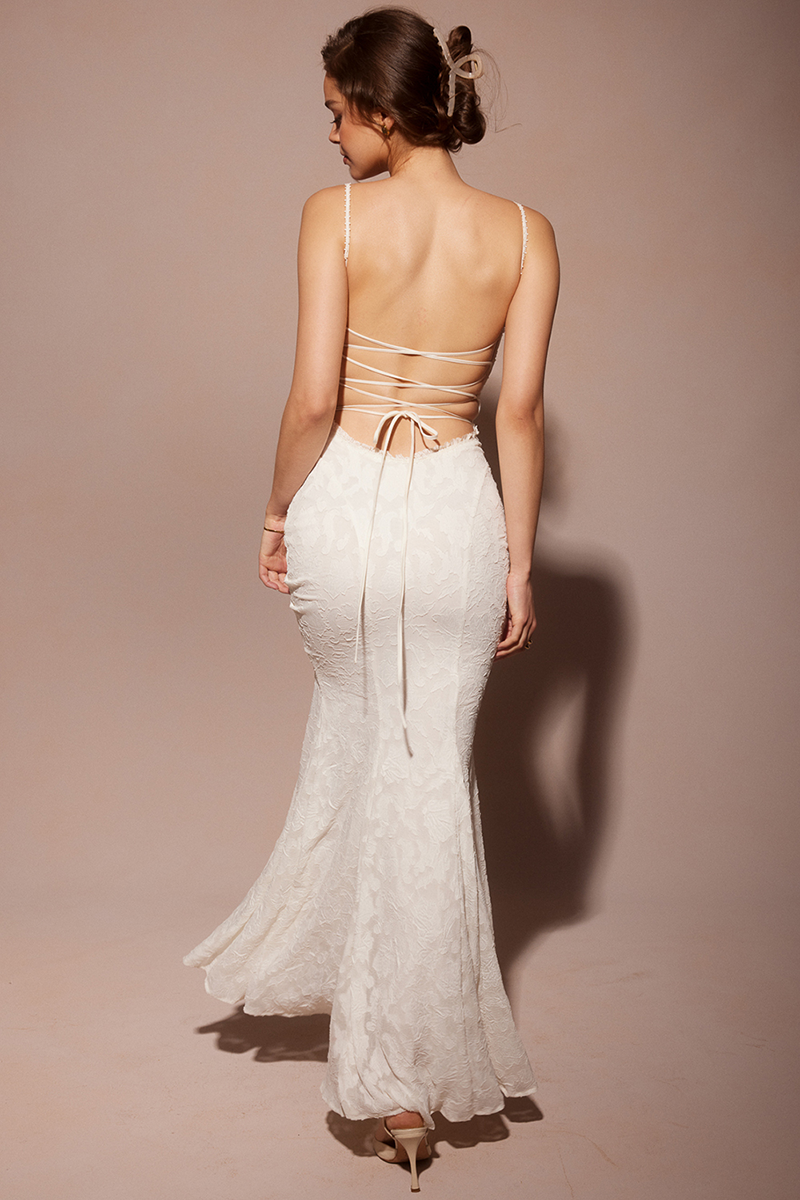Jacquard Lace Back Lace Up Fishtail Hem Slip Maxi Dresses-White