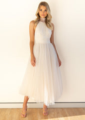 Tulle Halter Bow Backless Prom Maxi Dresses