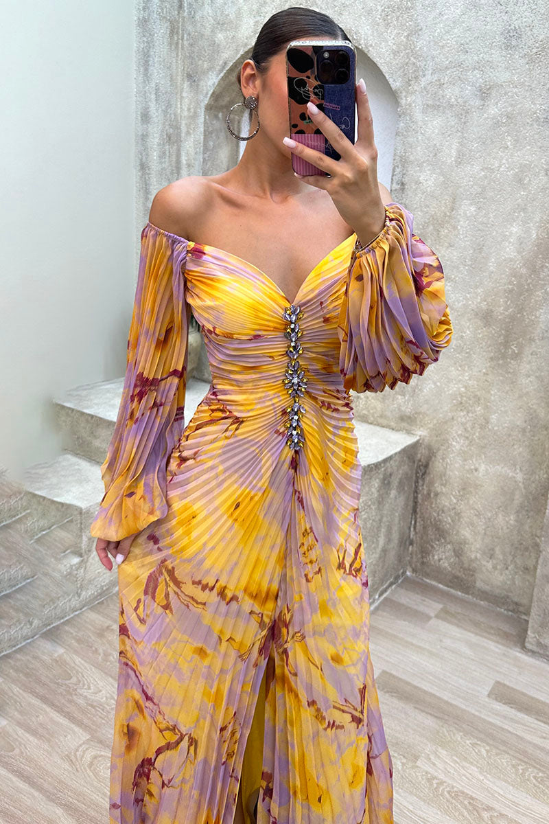 Pattern Print Pleated Off Shoulder Lantern Sleeve Slit Gowns Maxi Dresses-Yellow