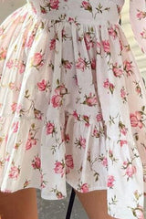 Lace Deep V Neck Long Puffy Sleeve Flowy A-Line Tiered Pleated Floral Print Vacation Mini Dresses