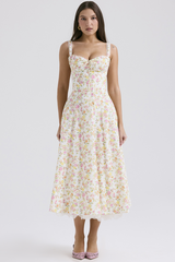 Ditsy Floral Print Sweetheart Neckline A-Line Lace Trim Slip Midi Dresses-White