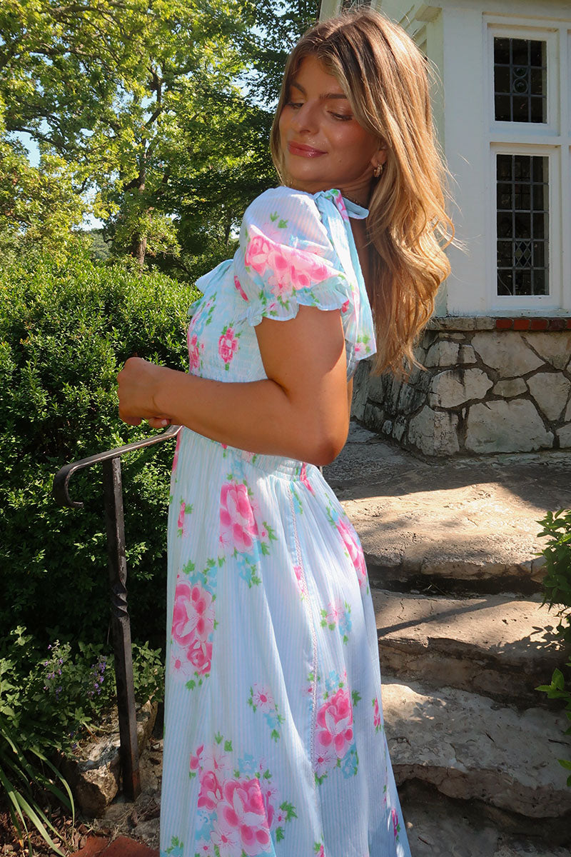 Floral Print Puff Sleeve Ruffle Hem Vacation Maxi Dresses-Blue