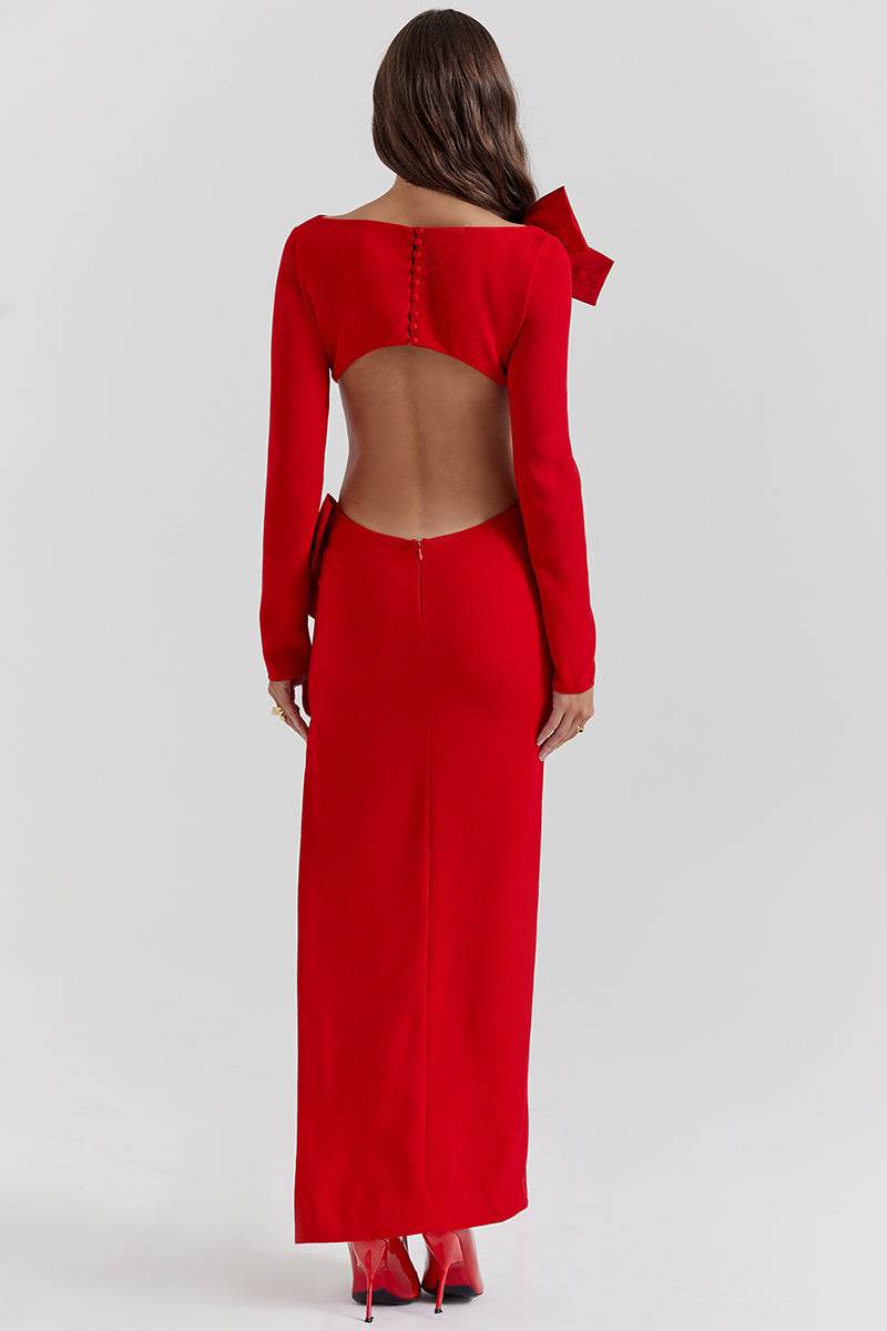 Bow Decor Long Sleeve Backless Slim Fit Side Slit Gowns Maxi Dresses-Red