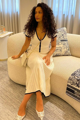 Knit Colorblock Trim V Neck Crop Top Pleated Midi Skirt Matching Set-White