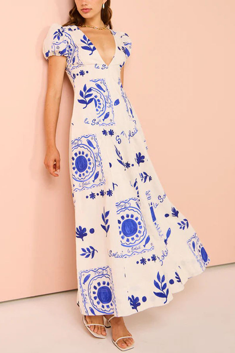 V Neck Puff Sleeve Cinch Waist Boho Print Vacation Maxi Dresses-Beige