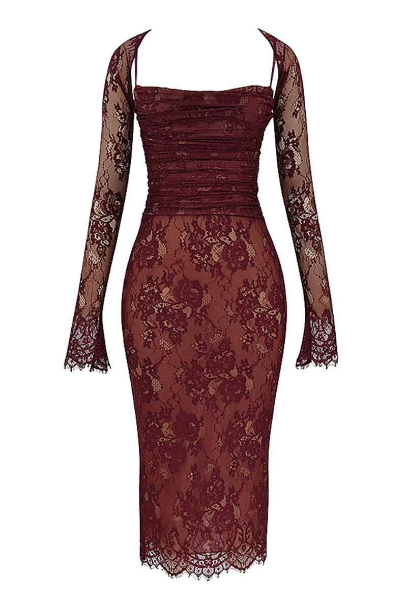 Floral Lace Shrug Ruched Slip Midi Dresses Matching Set-Burgundy