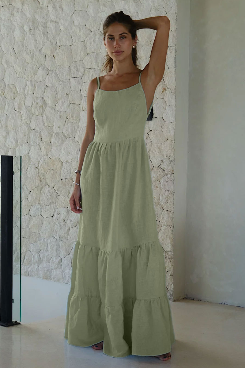 Solid Color Tie Up Backless A-Line Maxi Strappy Dresses-White