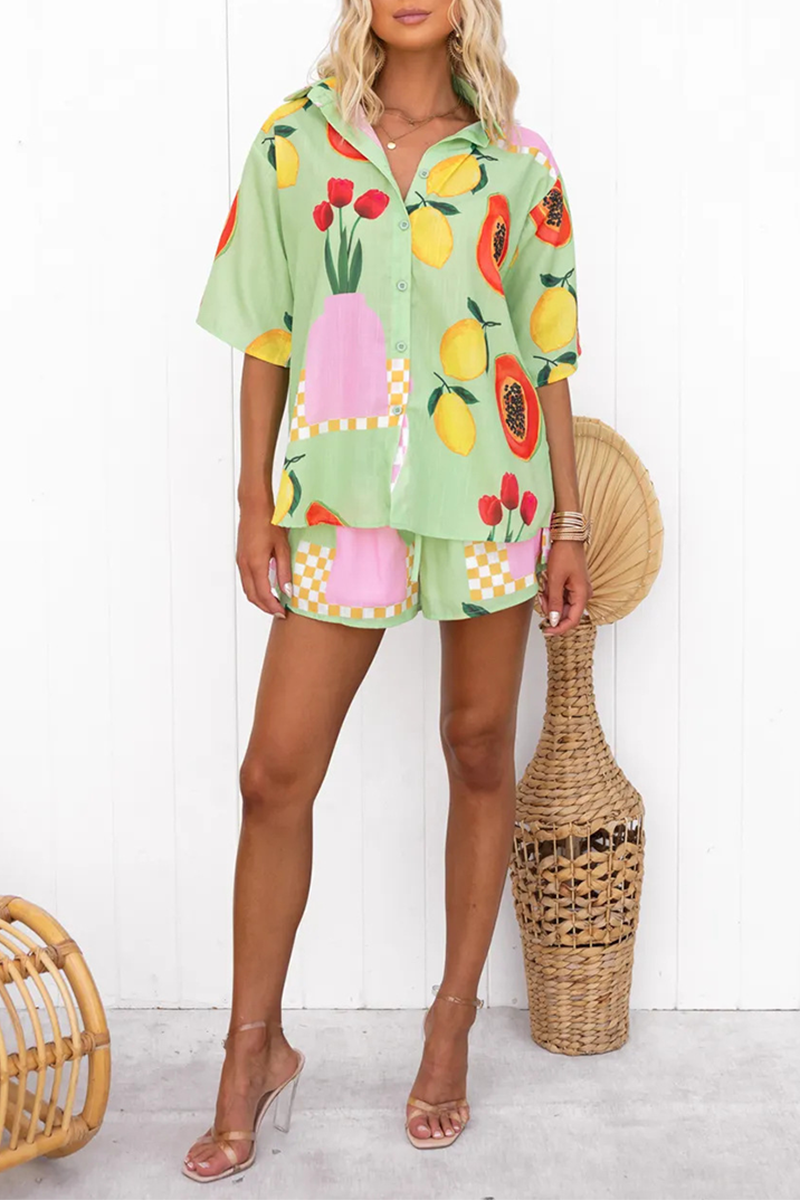 Flower Fruits Print Half Sleeve Blouse Casual Shorts Matching Set-Green