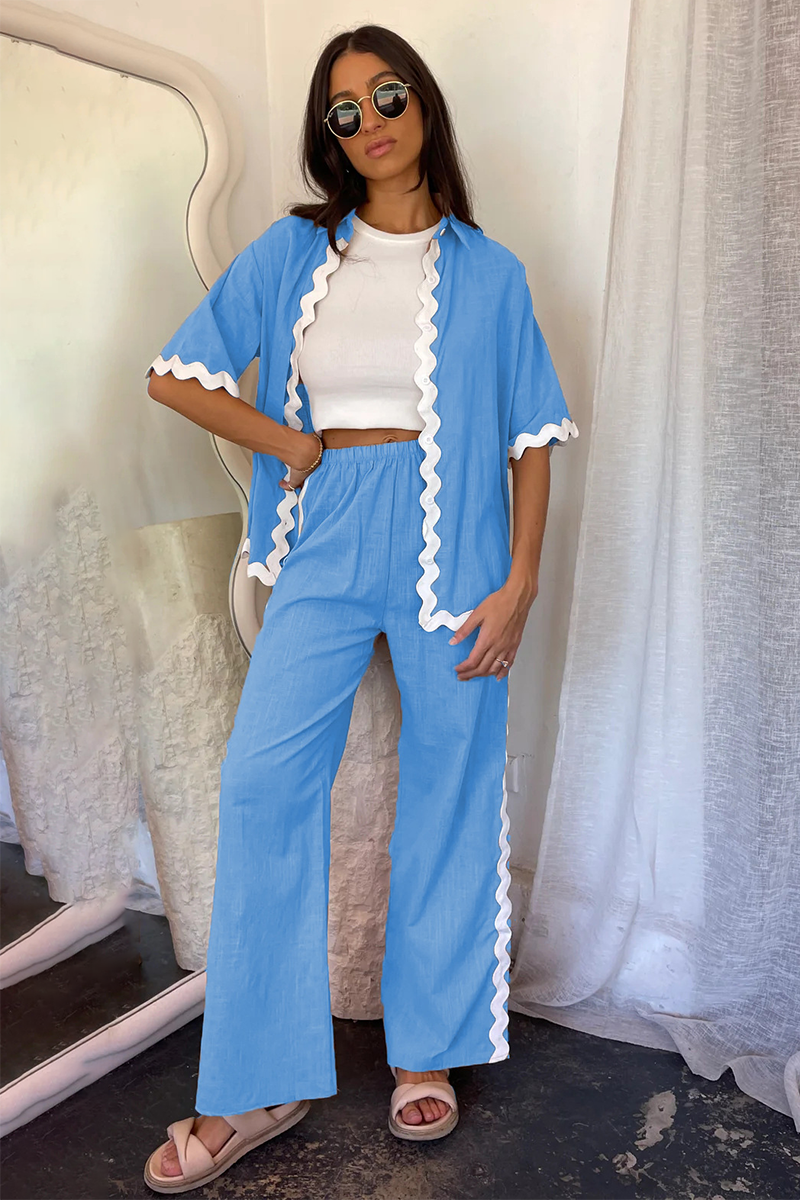 Colorblock Wavy Trim Half Sleeve Blouse Wide Leg Pants Matching Set-Beige