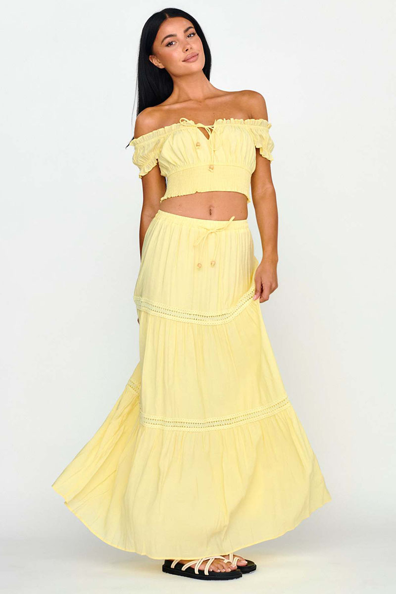 Off Shoulder Short Sleeve Ruched Top Quilted Maxi Skirt Matching Set-White