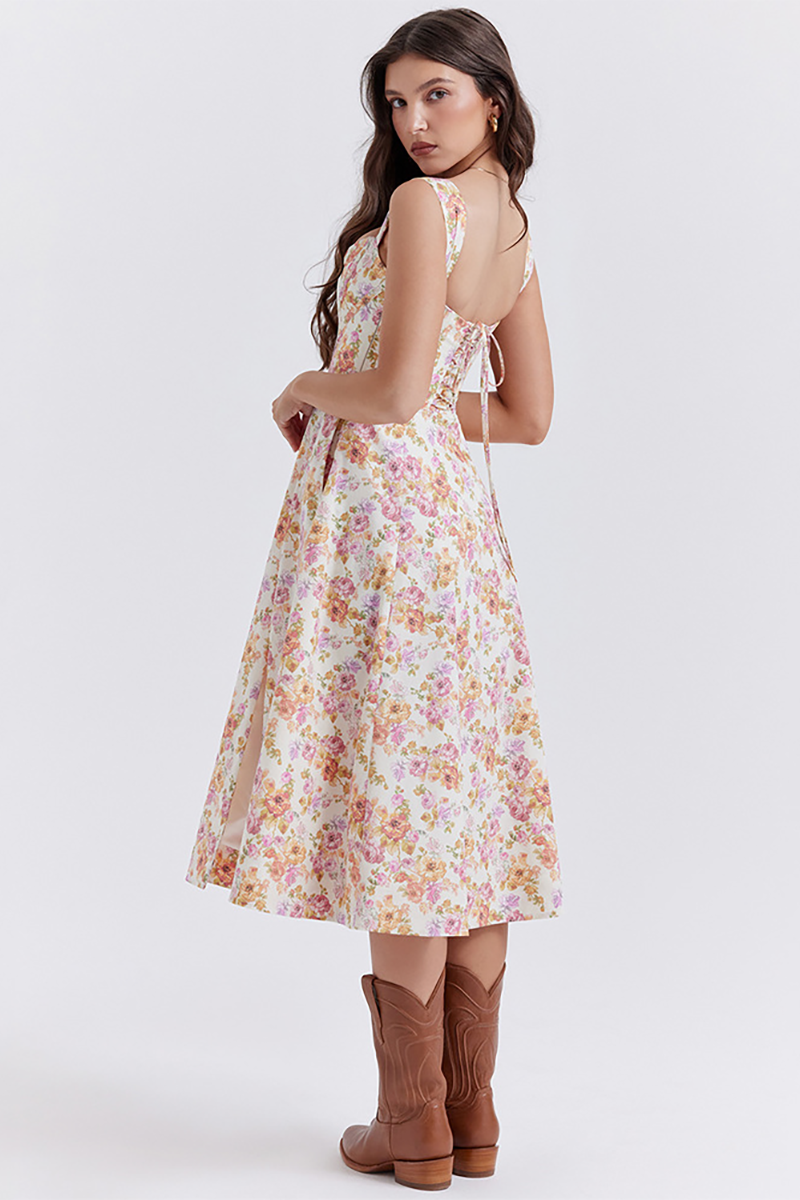 Floral Print Wide Strap Corset A-Line Slit Midi Dresses-White