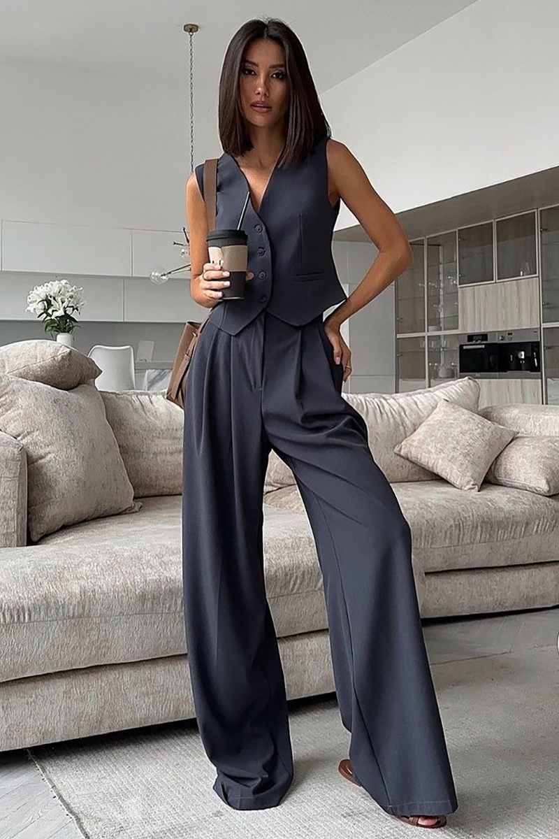 V Neck Waistcoat Plain Wide Leg Pants Matching Set-SlateGray