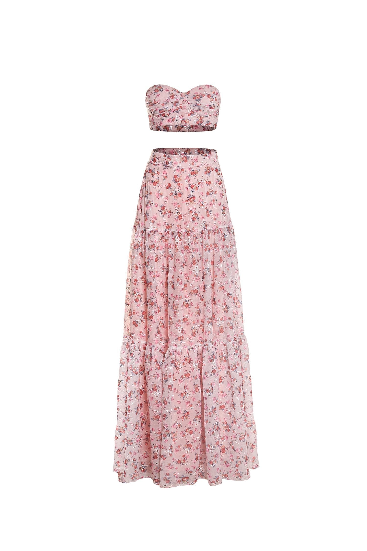 Vacation Pink Floral Two Piece Maxi Skirt Set