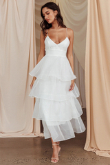 V Neck Cinch Waist Tulle Tiered Hem Backless Midi Slip Dresses-White