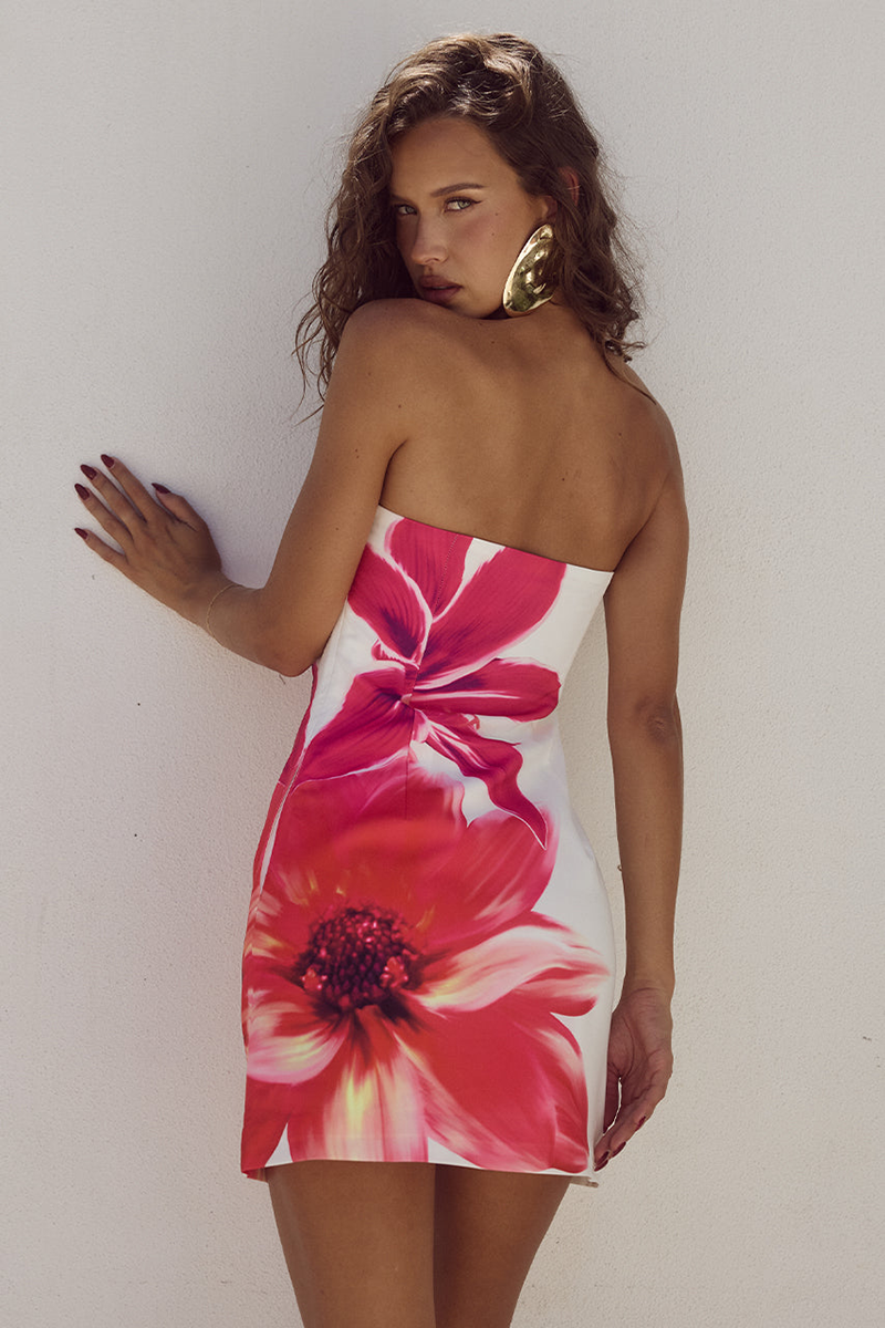 Boat Neckline Floral Print Slim Fit Sleeveless Mini Dresses-White