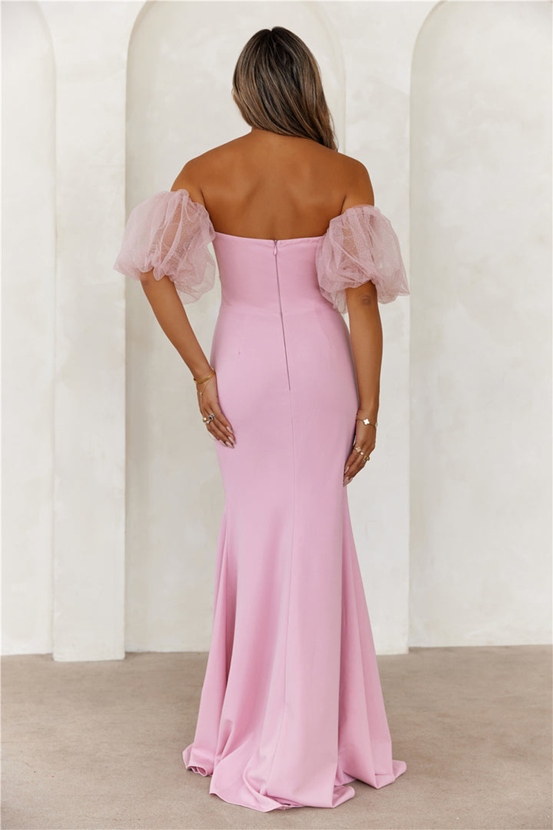 Tulle Patchwork Puff Sleeve Corset High Slit Maxi Dresses-Pink