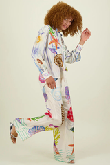 Starfish Seashells Print Long Sleeve Blouse Wide Leg Pants Matching Set-White