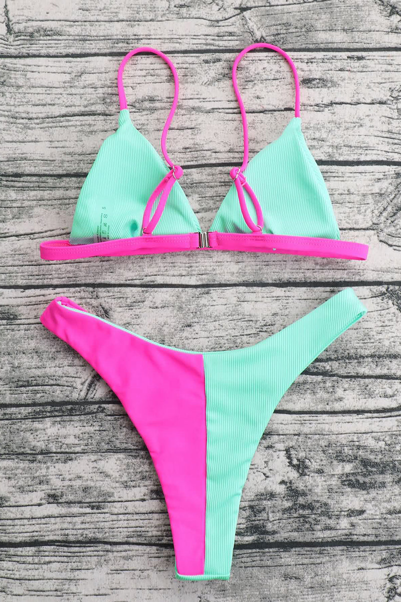 Backless Colorblock Cami Deep V Neck 2 Pieces Swimsuit Set