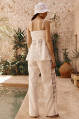 Crochet Panel Peplum Cami Top Wide Leg Pants 2pcs Set-White Pre Order