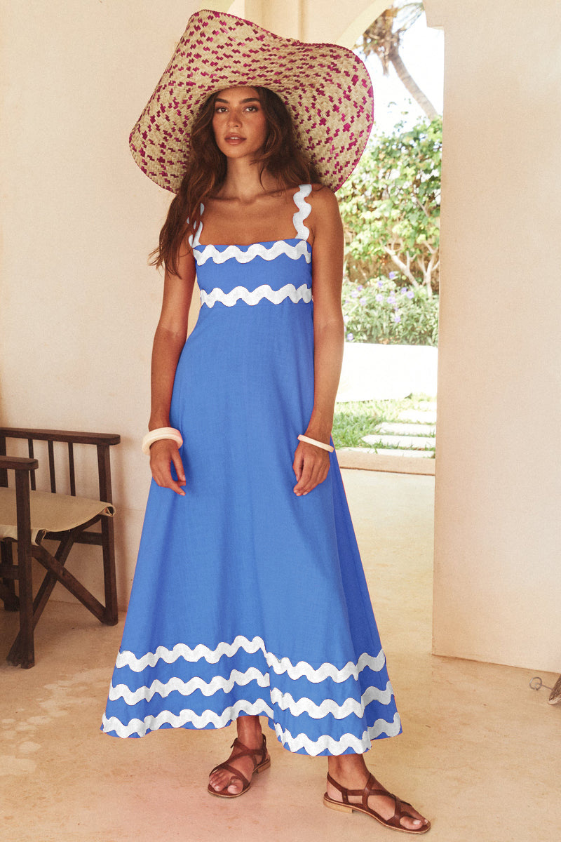 Colorblock Ripple Trim Vacation Slip Maxi Dresses-Black