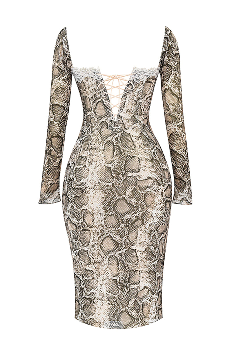 Snake Print Square Neck Lace Long Sleeve Bodycon Midi Dresses-Brown