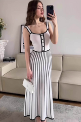Knit Colorblock Trim Striped A-Line Slip Maxi Dresses-White