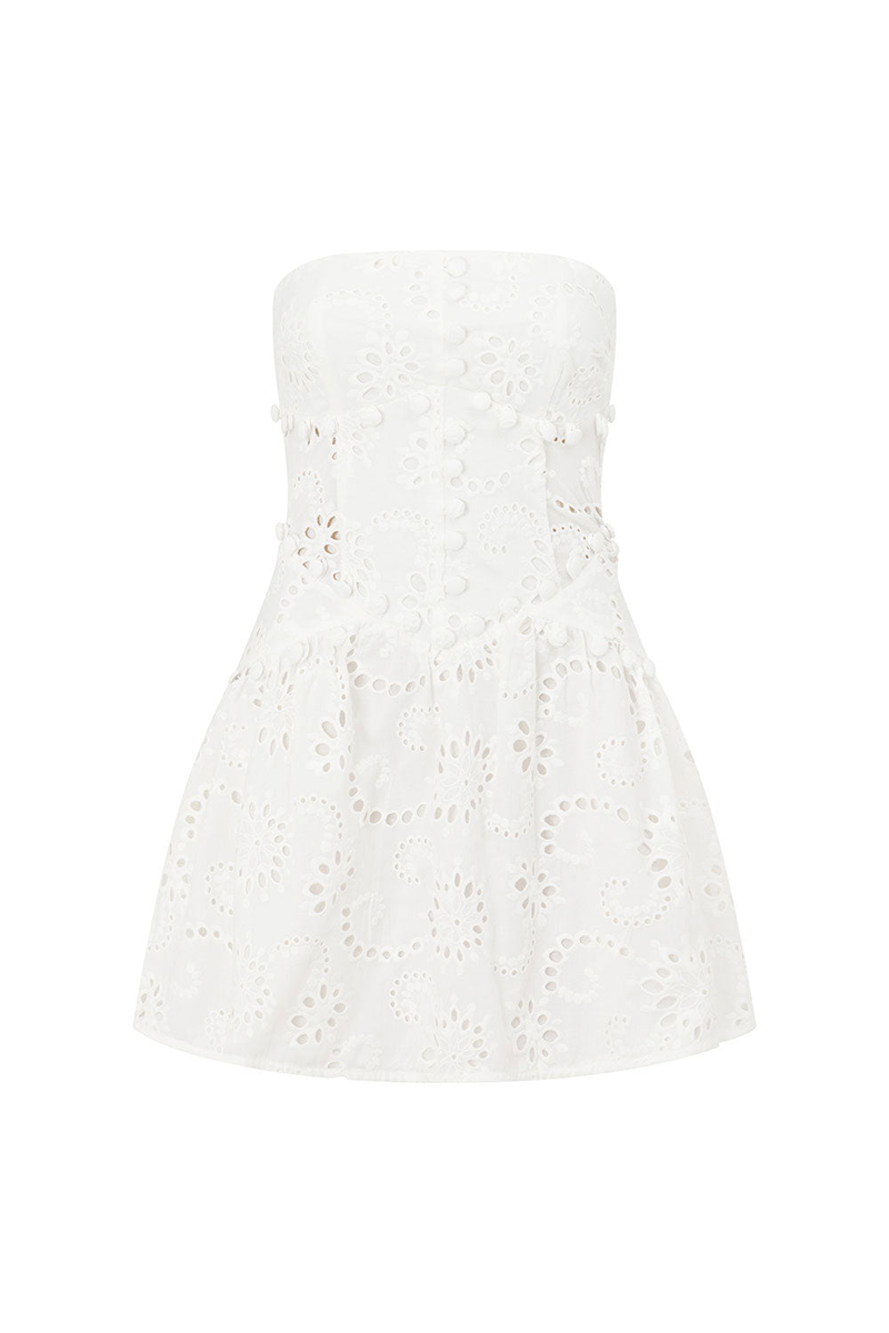 Floral Pattern Hollow Out Strapless Cinch Waist Mini Dresses-White Pre Order