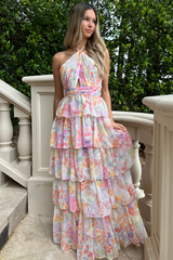 Halter Floral Print Ruffle Tiered Vacation Maxi Dresses-Pink