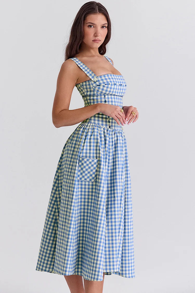 Plaid Print Spaghetti Strap Square Neck Pocket Midi Dresses-Blue