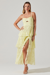 Floral Pattern Tiered Pleated Slit Hem Midi Slip Dresses-Yellow