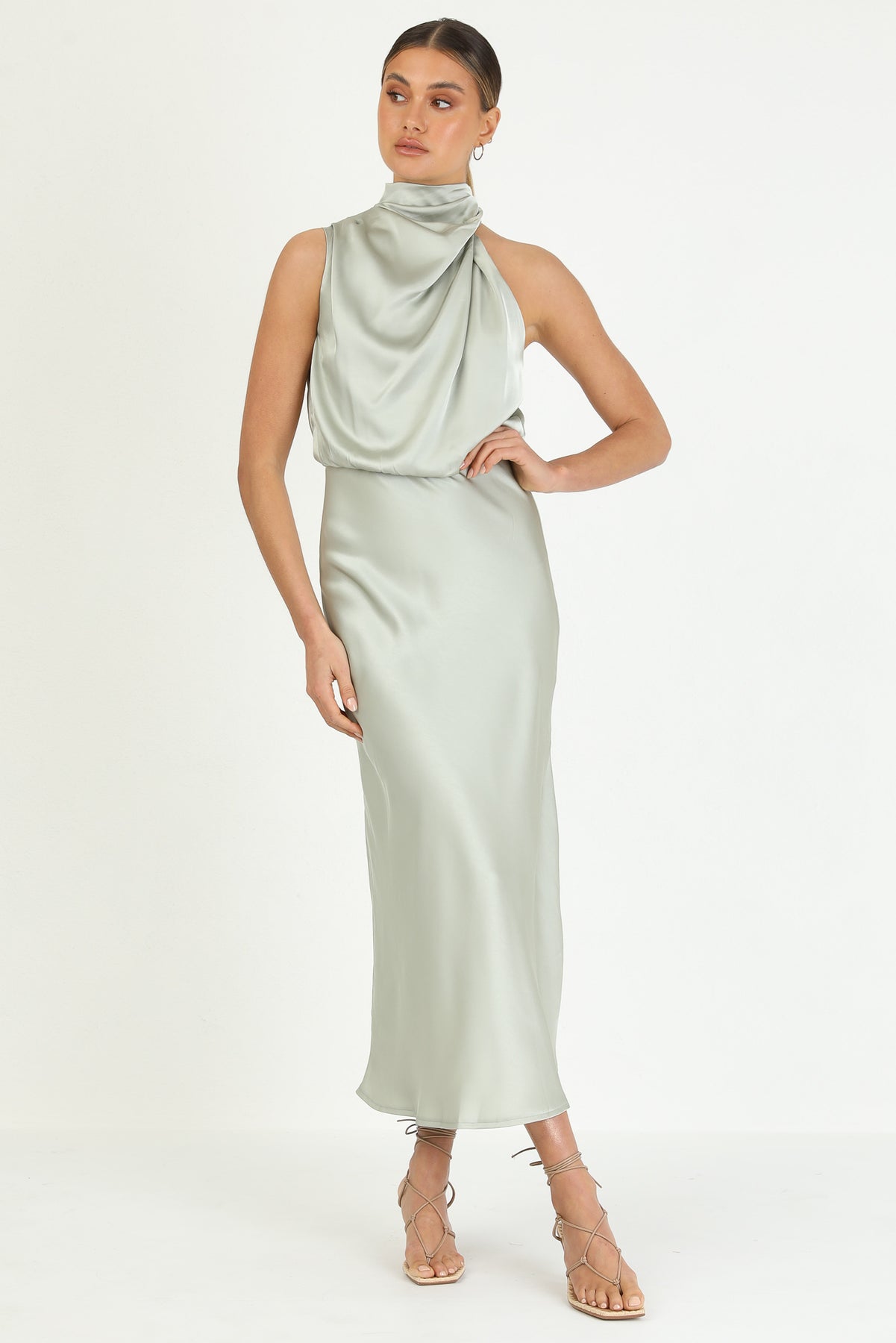 Turtleneck Sleeveless Satin Midi Dresses