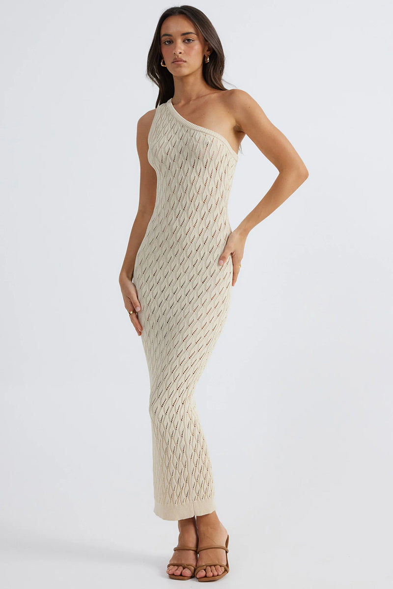 One Shoulder Hollow Out Knit Sleeveless Slim-Fit Maxi Dresses-Orange