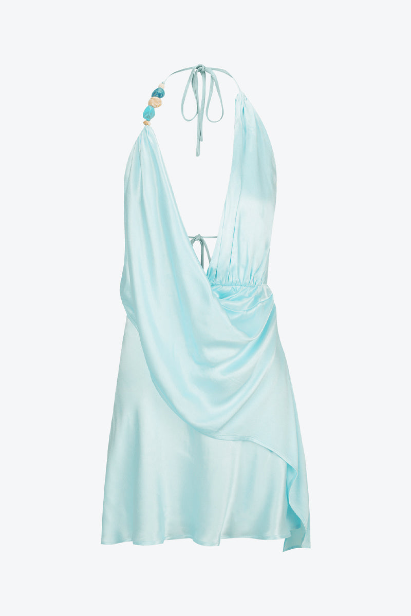 Halter Neck Tie Up Backless Asymmetrical Mini Dresses-Blue