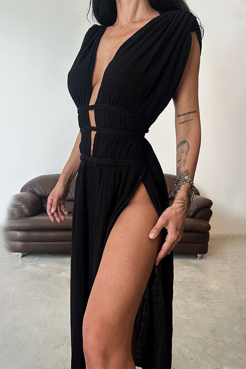 Braided Cinch Waist High Slit Sleeveless Maxi Dresses-Beige