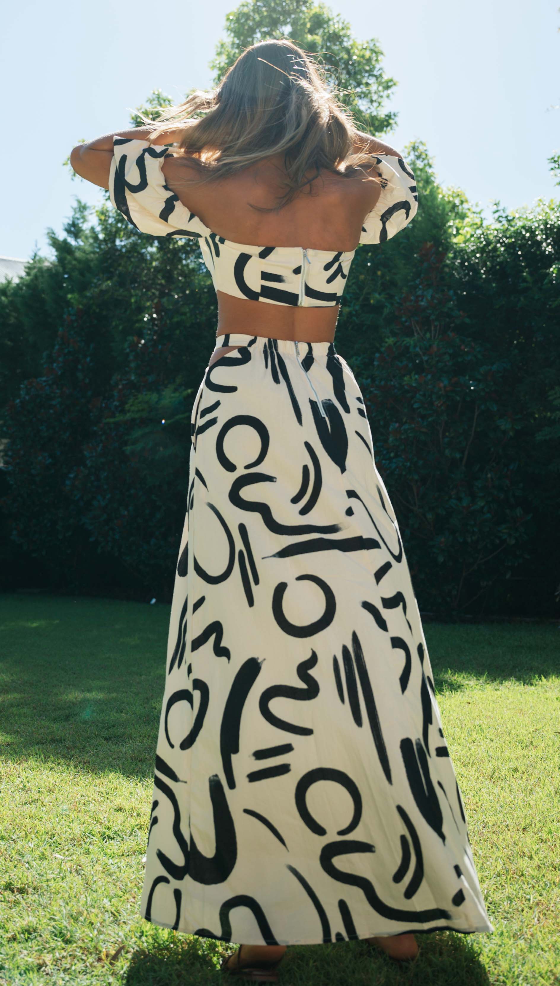 Doodle Printed Off-shoulder Maxi Dress Matching Set