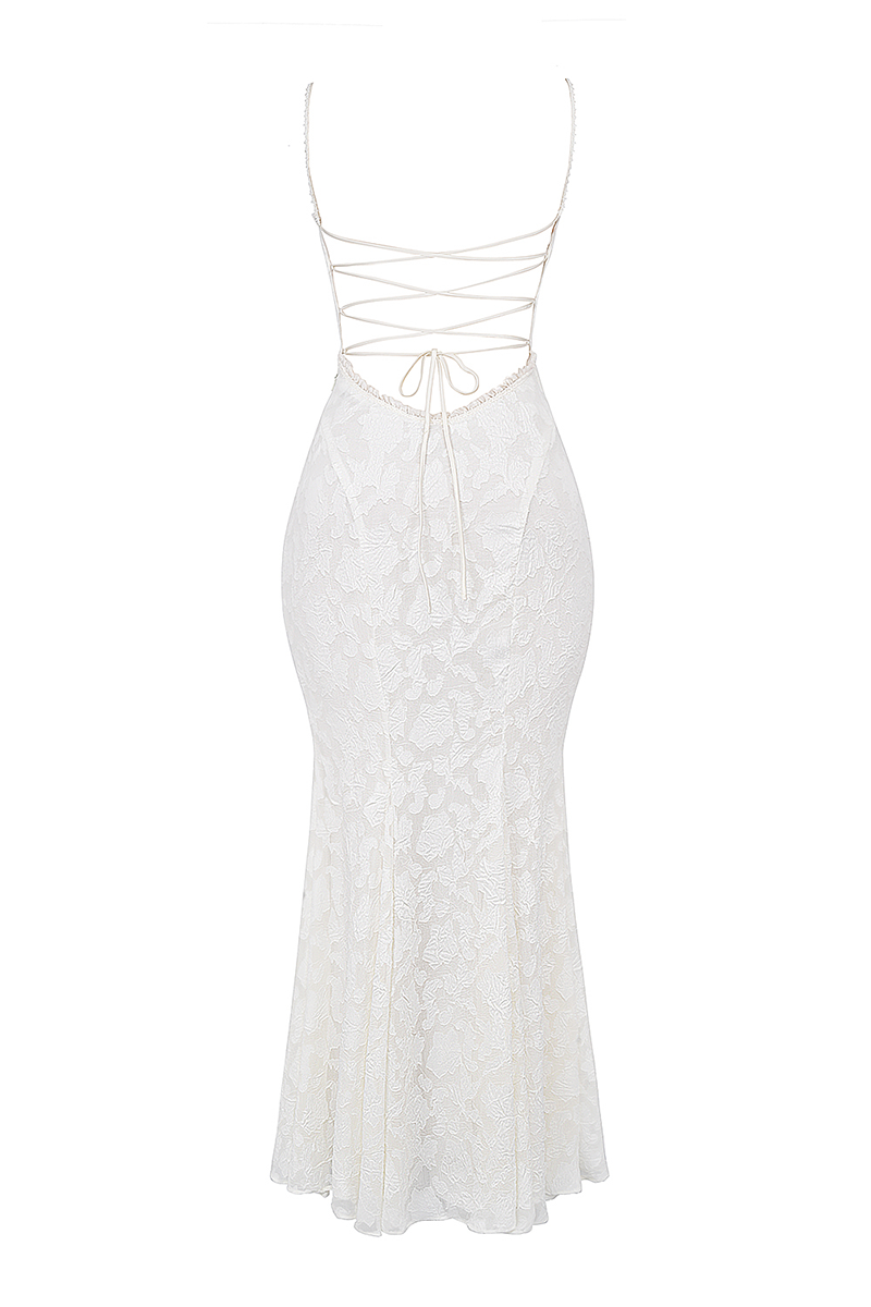 Jacquard Lace Back Lace Up Fishtail Hem Slip Maxi Dresses-White