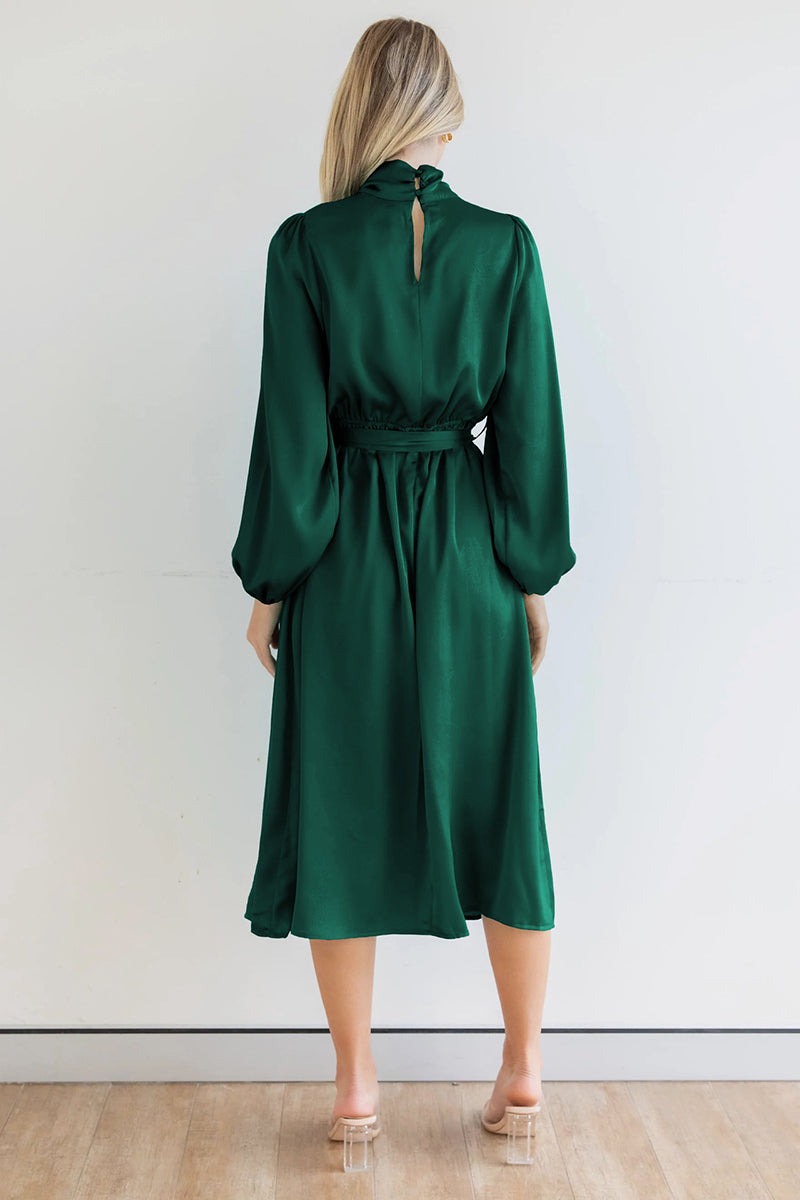 Ruched Knotted Long Sleeve Satin Midi Dresses