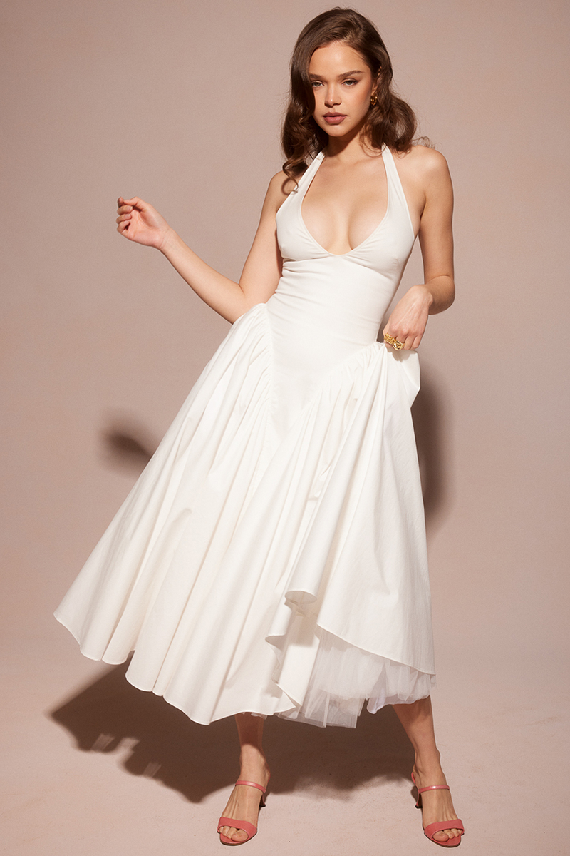Deep V Neck Halter Cinch Waist Plain Midi Dresses-White
