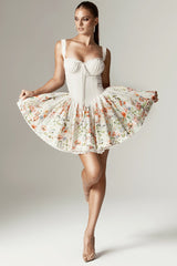 Floral Print Hem Curved Sleeveless Vacation Mini Dresses-White Pre Order
