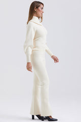 Irregular Folded Stand Collar Lantern Sleeve Sweater Plain Pants Matching Set-Beige