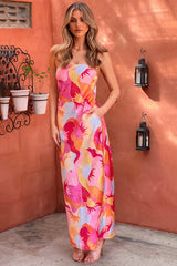 Sun Print Strapless Pocket Bodycon Vacation Maxi Dresses-Pink