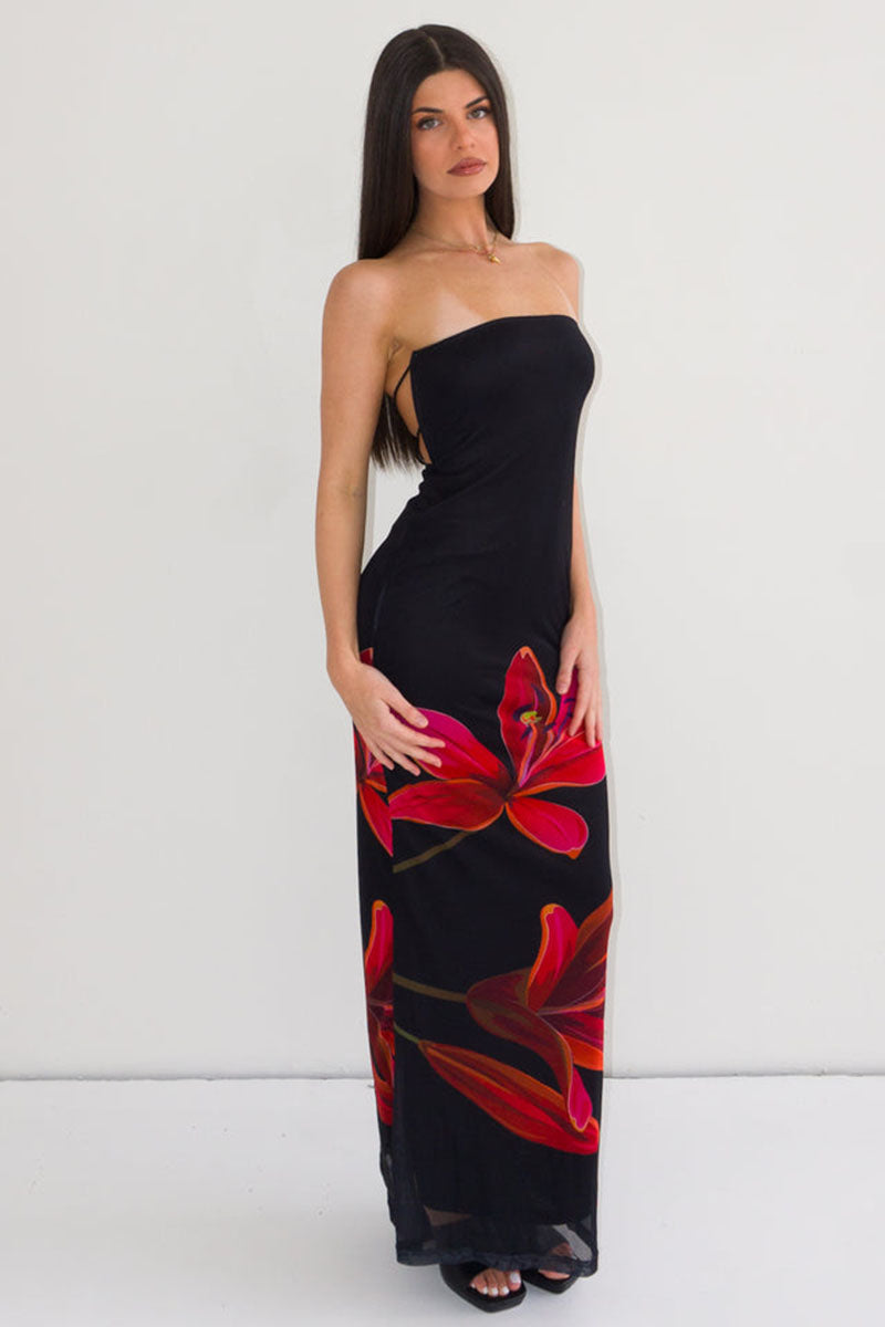 Floral Print Slim-Fit Formal Party Maxi Tube Dresses-Black
