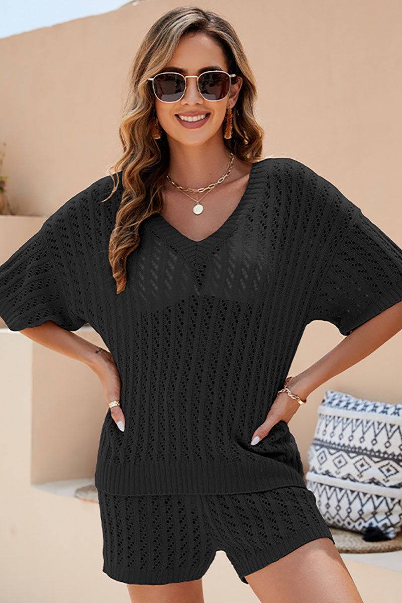 Knitted V Neck Hollow Out Short Sleeve Top High Waist Tied Up Shorts Matching Set