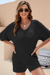Knitted V Neck Hollow Out Short Sleeve Top High Waist Tied Up Shorts Matching Set