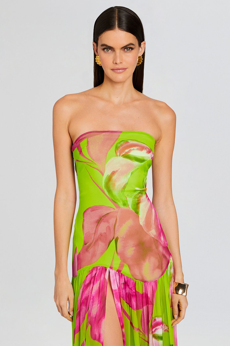 Floral Print Slim Fit High Slit Vacation Maxi Tube Dresses-Green